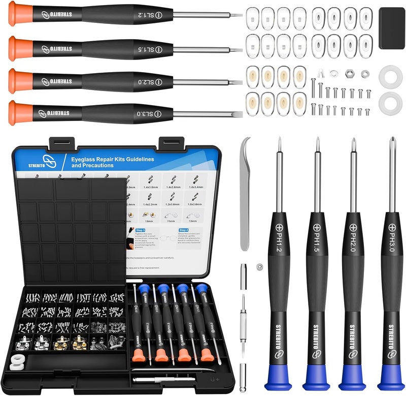 STREBITO Glasses Repair Kit, All-in-One Eyeglass Repair Kit with 16 Sizes of Screws, 12 Pairs of Nose Pads & Tweezer, Precision Screwdriver Set for Glasses, Sunglasses, Watches & Small Electronics - Image 1